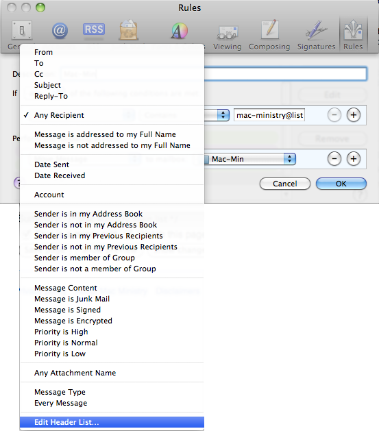 Mail Rules: Where to find "Edit Header List"
